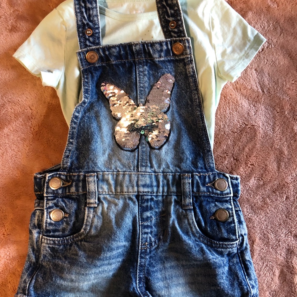 Kids Denim Overalls with Sequin Butterfly